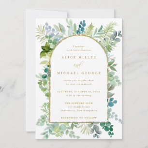 Guld Arch Ram Watercolor Greenery Bröllop Inbjudningar