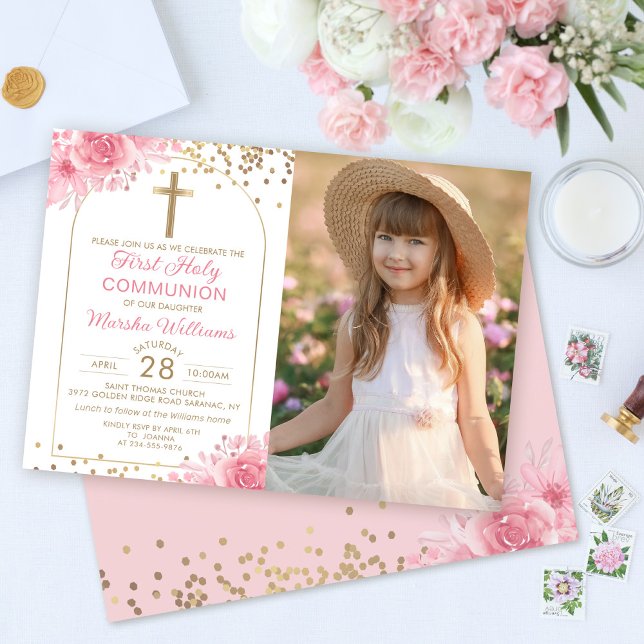 Guld Arch Rosa Blommigt First Heliga Communion Pho Inbjudningar (Skapare uppladdad)