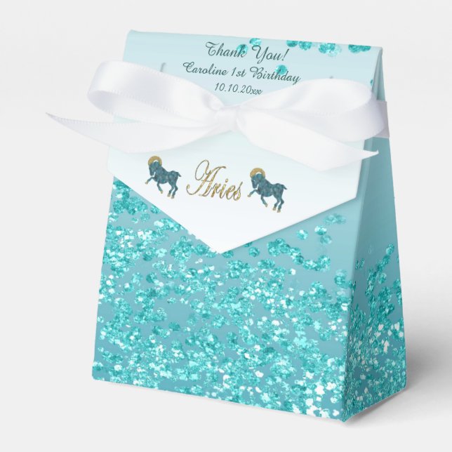 Guld Aries & Teal Blue Glitter Birthday Presentaskar (Framsidan Sidan)