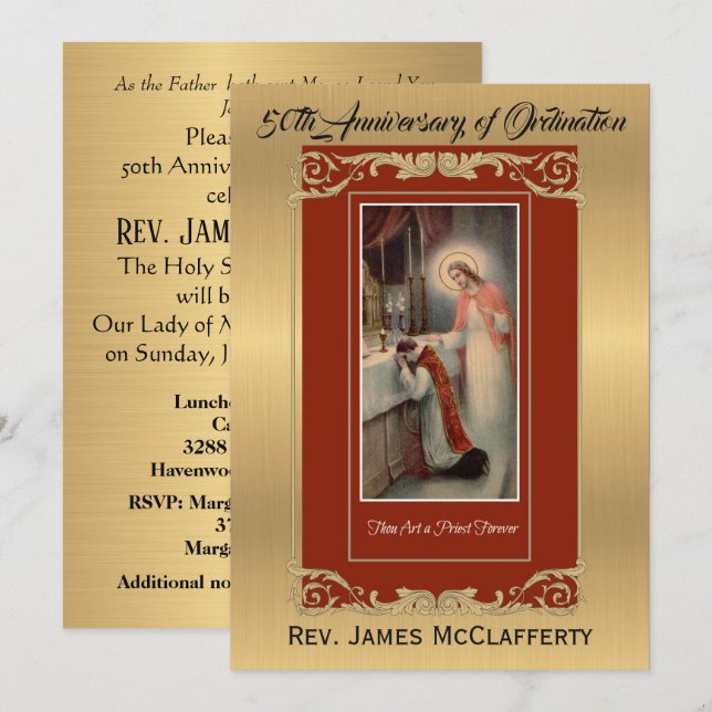 Guld-årsdagen för inbjudan till katolsk ordination (Fram/baksida)