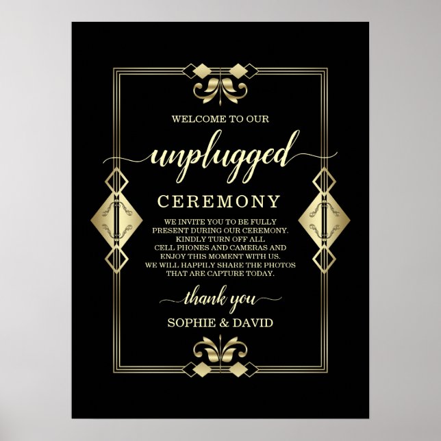 Guld Art Deco 20-talet Avstängd Vigselskylt Poster (Framsidan)