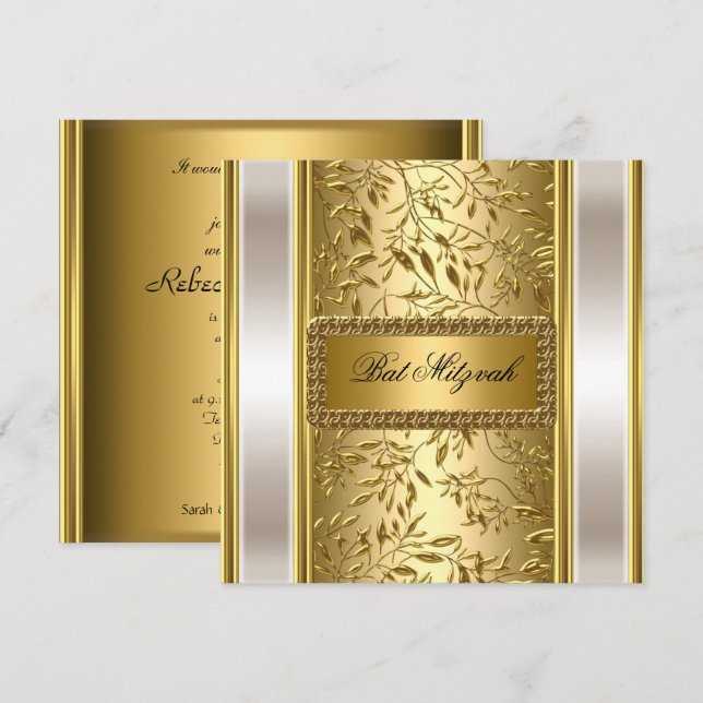 Guld Art Deco Bat Mitzvah-inbjudan Inbjudningar (Fram/baksida)
