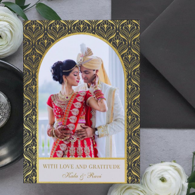 Guld Art Deco Bröllop Tack Photo Kort (indian wedding thank you card, hindu wedding thank you card, art deco gold mundap arch photo card)
