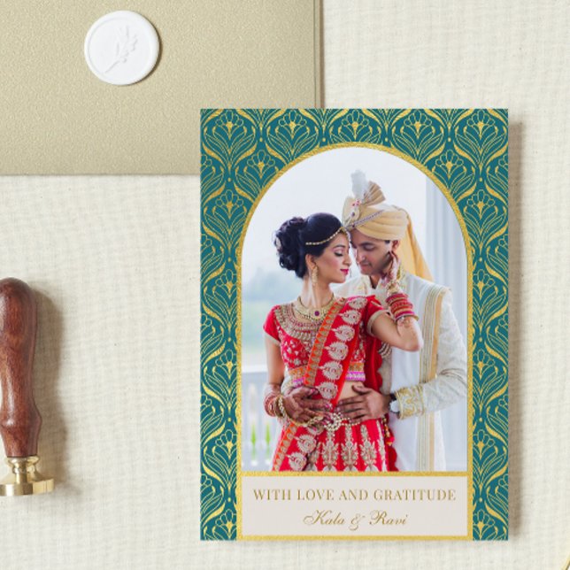 Guld Art Deco Bröllop Tack Photo Kort (indian wedding thank you card, hindu wedding thank you card, art deco gold mundap arch photo card)