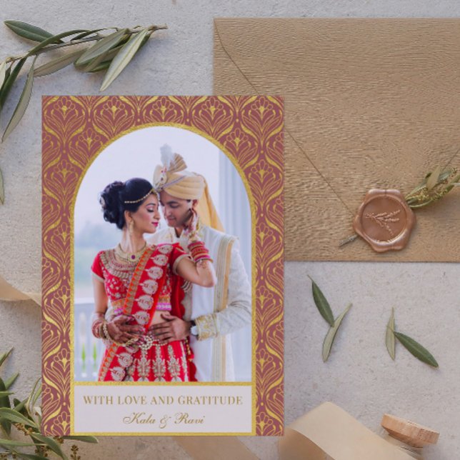 Guld Art Deco Bröllop Tack Photo Kort (indian wedding thank you card, hindu wedding thank you card, art deco gold mundap arch photo card)