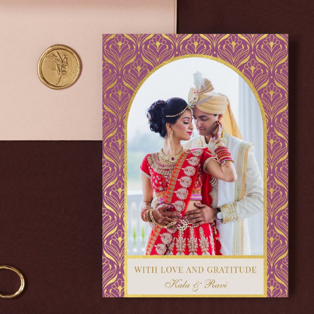 Guld Art Deco Bröllop Tack Photo Kort (indian wedding thank you card, hindu wedding thank you card, art deco gold mundap arch photo card)