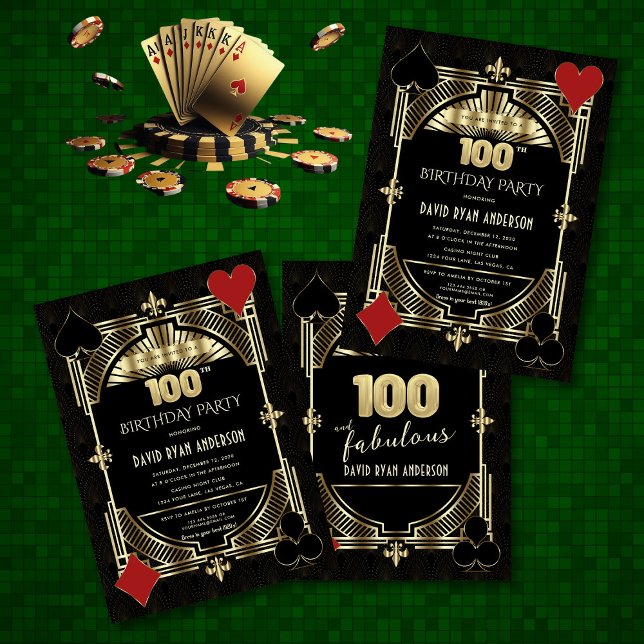 Guld Art Deco Casino Poker Man 100-årsdagen Inbjudningar (Skapare uppladdad)