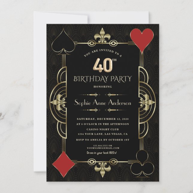 Guld Art Deco Casino Vegas Woman 40:e födelsedagen Inbjudningar (Framsida)