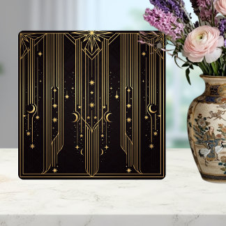 Guld Art Deco Celestiala Stjärnor Månar Mönster Kakelplatta