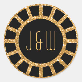 Guld Art Deco Fläkt Gatsby Monogram Sticker Runt Klistermärke