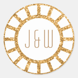 Guld Art Deco Fläkt Gatsby Monogram Sticker white Runt Klistermärke