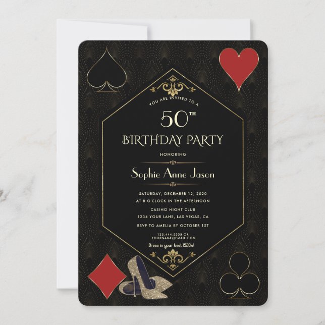 Guld Art Deco Gatsby Casino Vegas Poker Birthday Inbjudningar (Framsida)