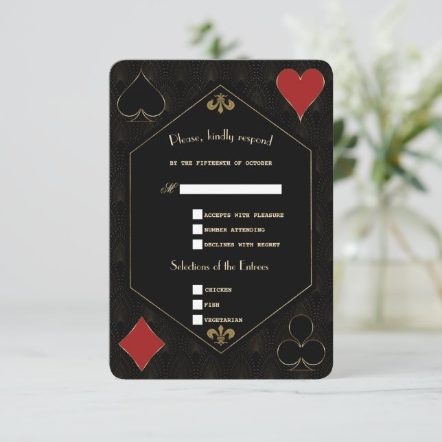 Guld Art Deco Gatsby Casino Vegas Poker Bröllop OSA Kort (Stående Fram)