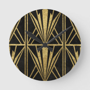 Guld Art Deco Geometrisk Fläktmönster Svart Rund Klocka