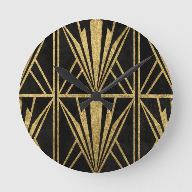 Guld Art Deco Geometrisk Fläktmönster Svart Rund Klocka (Framsida)