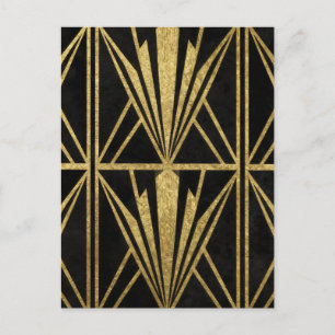 Guld Art Deco Geometrisk Fläktmönster Svart Vykort