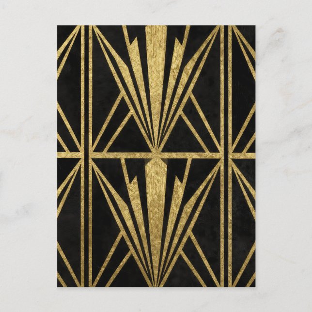 Guld Art Deco Geometrisk Fläktmönster Svart Vykort (Framsida)