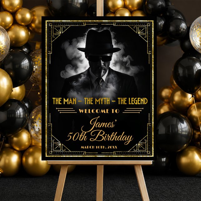 Guld Art Deco Mannen Myten Legend Födelsedag Välko Poster (Skapare uppladdad)