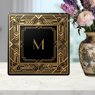 Guld Art Deco Monogram Svart Personlig Lyx Kakelplatta