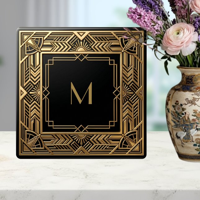 Guld Art Deco Monogram Svart Personlig Lyx Kakelplatta (Skapare uppladdad)