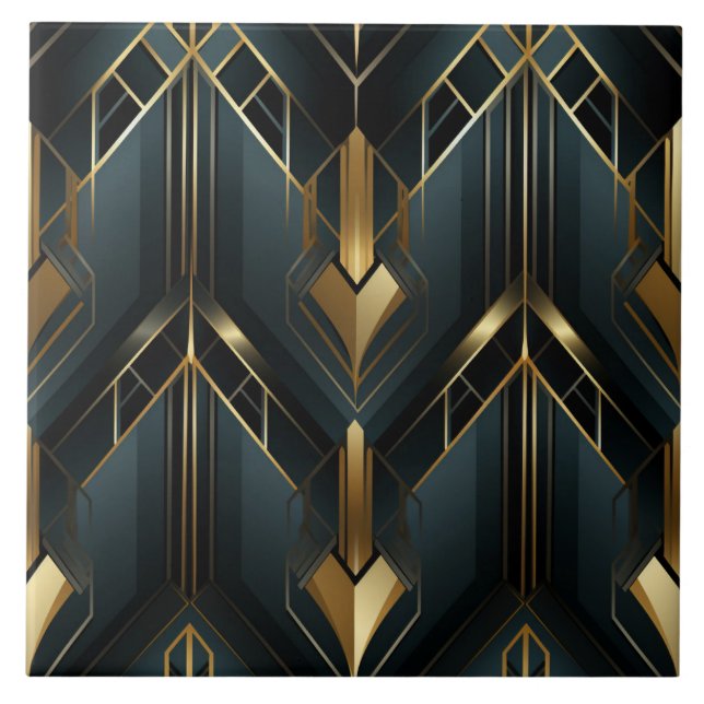 Guld Art Deco, Mörk Cyan Kakelplatta (Framsidan)