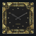 Guld Art Deco Ram Fyrkantig Klocka<br><div class="desc">Guld tones Art Deco ram,  geometriskt stil över en svart bakgrund. Anpassade monogram.</div>