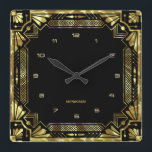 Guld Art Deco Ram Fyrkantig Klocka<br><div class="desc">Guld tones Art Deco ram,  geometriskt stil över en svart bakgrund. Anpassade monogram.</div>