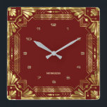 Guld Art Deco Ram på Mörk Red Fyrkantig Klocka<br><div class="desc">Guld toner Art Deco ram,  geometriskt stil över mörkens röda bakgrund. Anpassade monogram.</div>