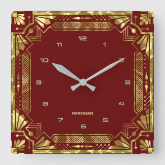 Guld Art Deco Ram på Mörk Red Fyrkantig Klocka