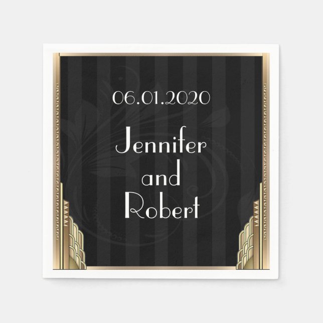 Guld Art Deco Rand Bröllop Napkin Pappersservett (Framsidan)