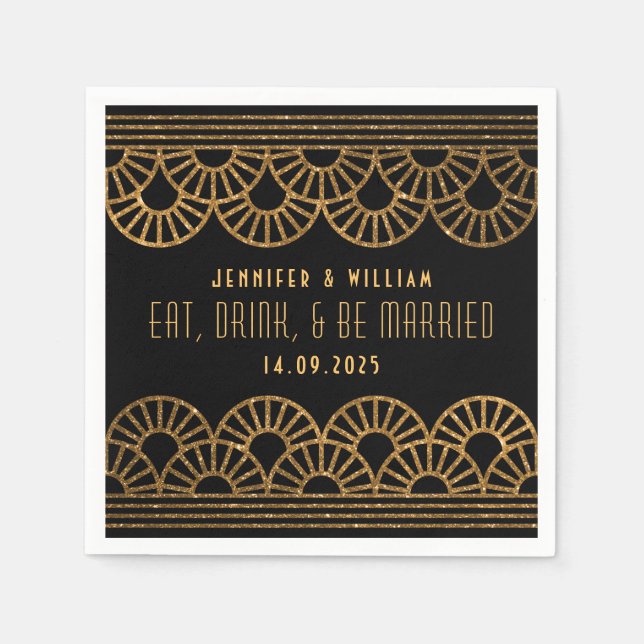 Guld Art Deco Wedding Reception Cockatil Napkin Pappersservett (Framsidan)