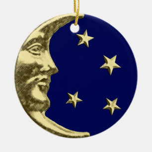 Guld- art décomåne och stjärnor - som är marin julgransprydnad keramik