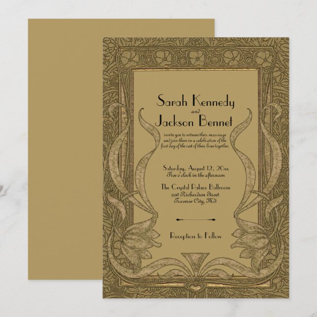 Guld Art nouveau Elegant bröllop Inbjudningar (Fram/baksida)