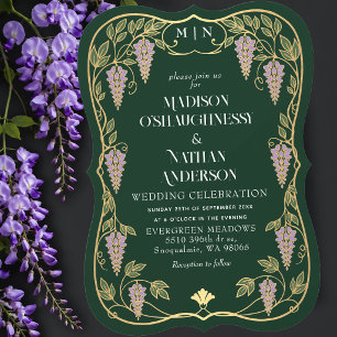Guld Art Nouveau Lila Wisteria Bröllop Inbjudningar