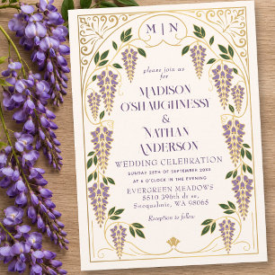 Guld Art Nouveau Lila Wisteria Bröllop Inbjudningar