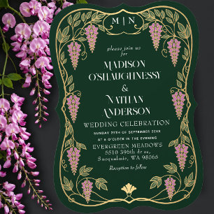 Guld Art Nouveau Rosa Wisteria Bröllop Inbjudningar