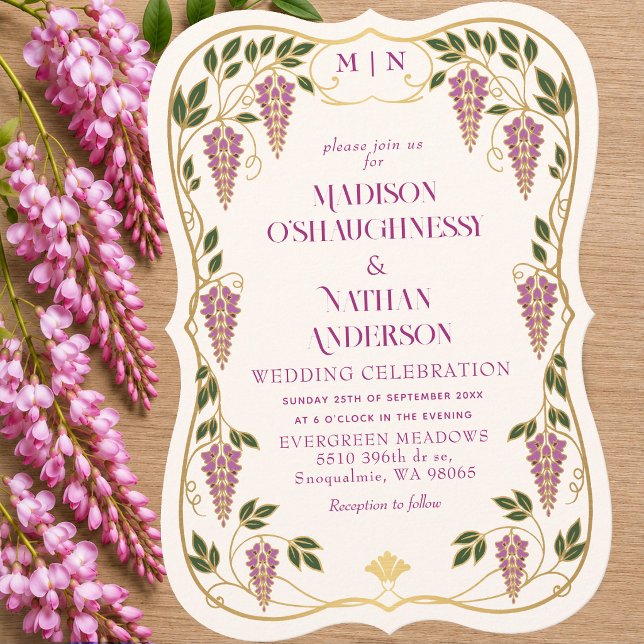 Guld Art Nouveau Rosa Wisteria Bröllop  Inbjudningar (Skapare uppladdad)