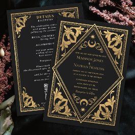 Guld Art nouveau Tarot Gothot QR-kod Bröllop Inbjudningar