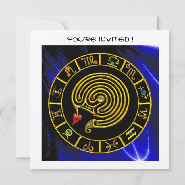 GULD ASTRAL LABYRINTH Zodiac Chart Black Blue Inbjudningar (Framsida)
