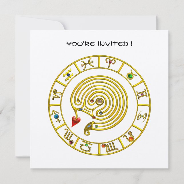 GULD ASTRAL LABYRINTH Zodiac Signs Chart White Inbjudningar (Framsida)