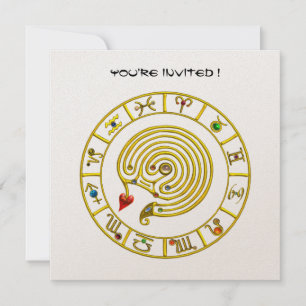GULD ASTRAL LABYRINTH Zodiac Signs Chart White Inbjudningar