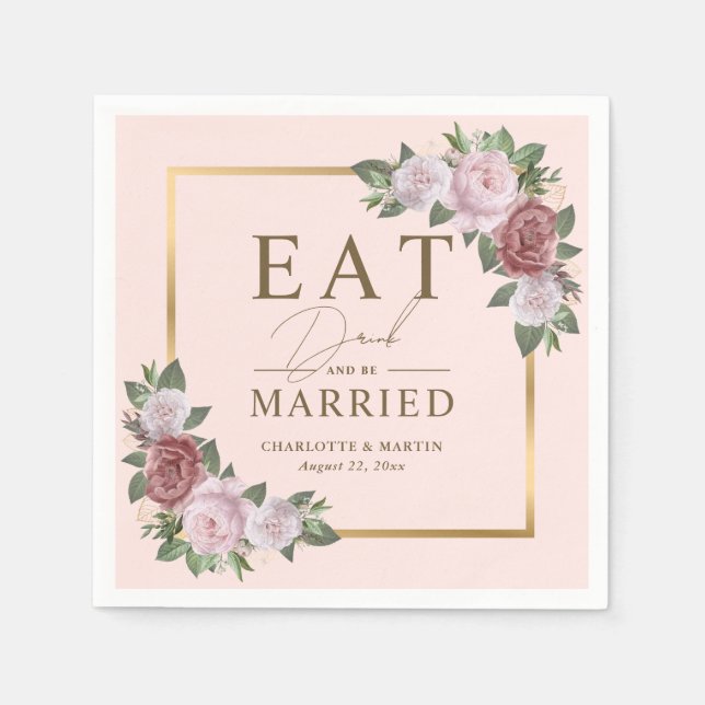  Guld Ät Drick och var gift Blommigt Bröllop Pappersservett (Framsidan)