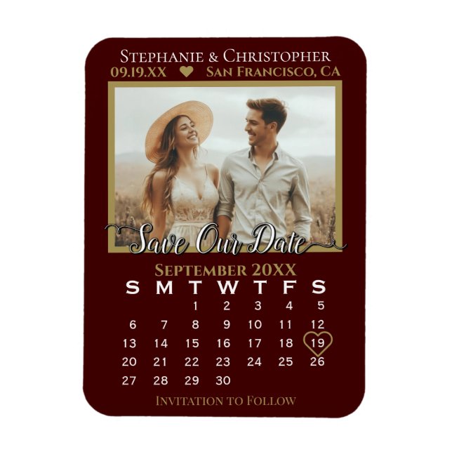 Guld & Auburn Fotokalender Spara Vår Datum Bröllop Magnet (Vertikal)