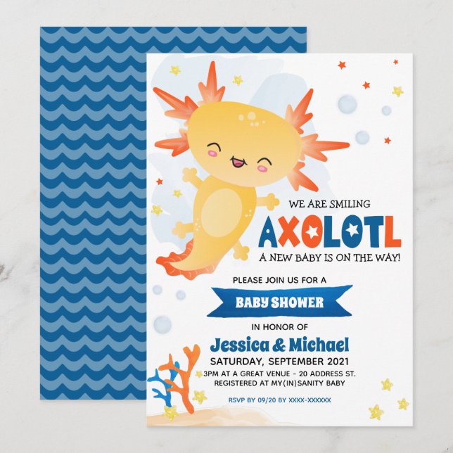 Guld Axolotl Boy Baby Shower Inbjudningar (Fram/baksida)