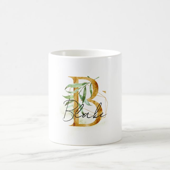 Guld B Namn Gröna blad Kaffemugg (Center)