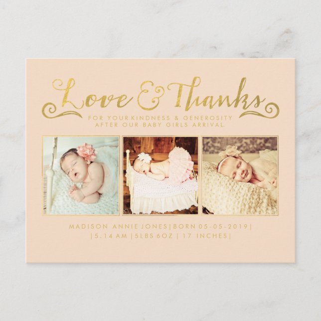 Guld Baby födelsemeddelande Sip & Se vykort (Framsida)