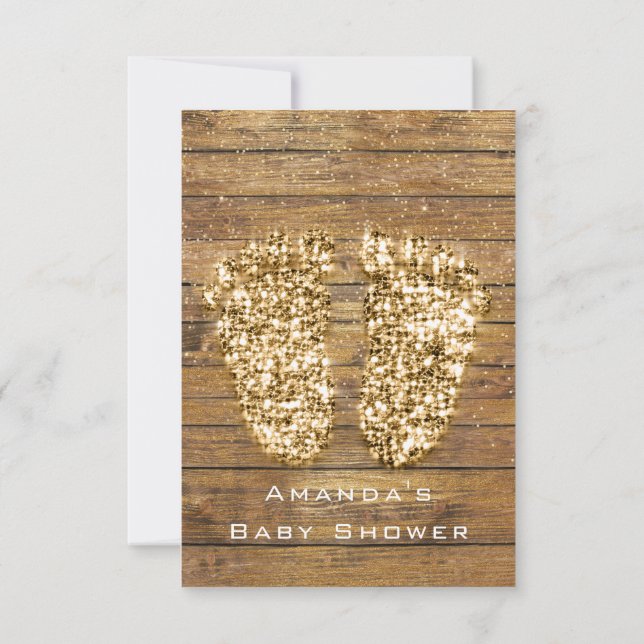 Guld Baby Shower Feet Wood Rustic Girl Boy Inbjudningar (Baksida)