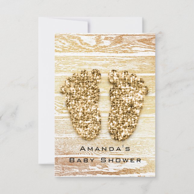 Guld Baby Shower Feet Wood Rustic Girl Boy Inbjudningar (Baksida)