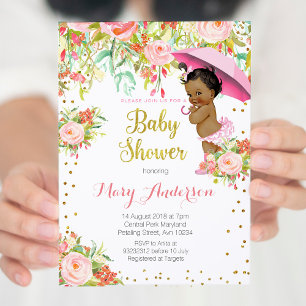 Guld Baby Shower Inbjudan Girl, afrikansk amerikan
