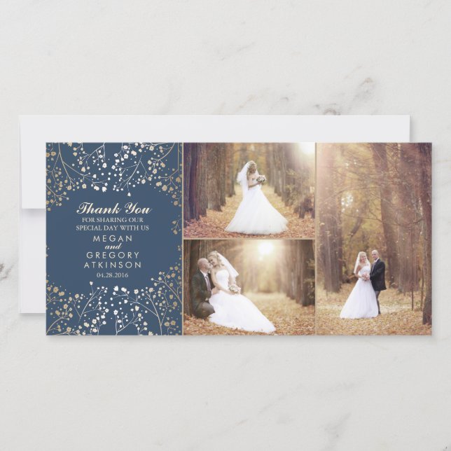 Guld Babyns andningsflotta Bröllop Foto Tack Kort (Framsida)